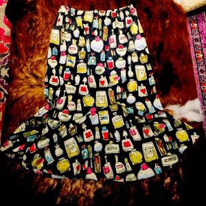 Anthropologie Black Multi-Color Perfume Print Midi Skirt